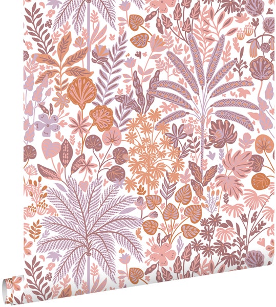 ESTAhome Tapete tropische Blätter und Blüten Violett, Terrakotta und Rosa - 50 x 900 cm - 130944