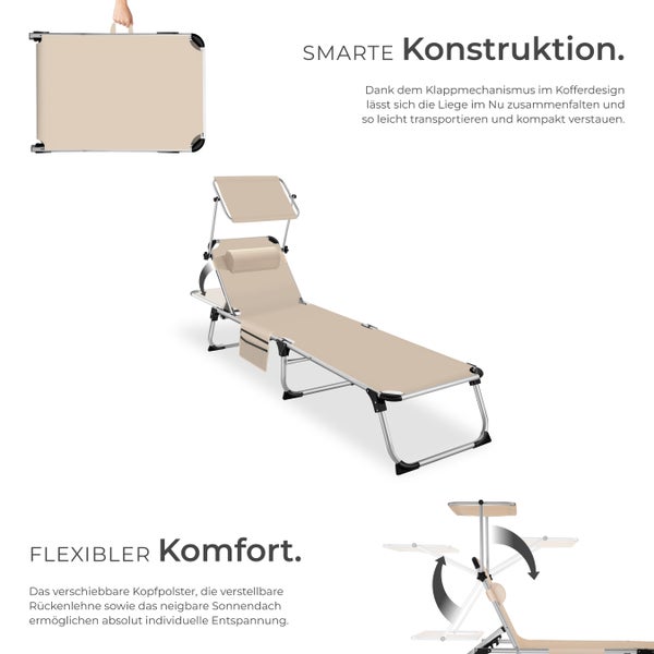 Sonnenliege tectake Aurelie 218 x 60 x 33,5 cm, inkl. Seitentasche  klappbar, mit Kopfkissen beige