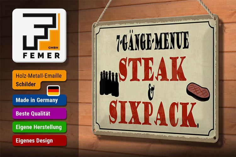 Blechschild Spruch 30x20cm 7 Gänge Menü Steak Sixpack Grill