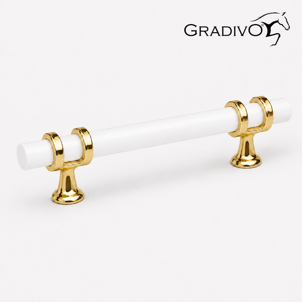 Möbelgriff von Gradivo, Stangengriff mit weißem Stab und goldfarbenen Halterungen, Gradivo Logo.