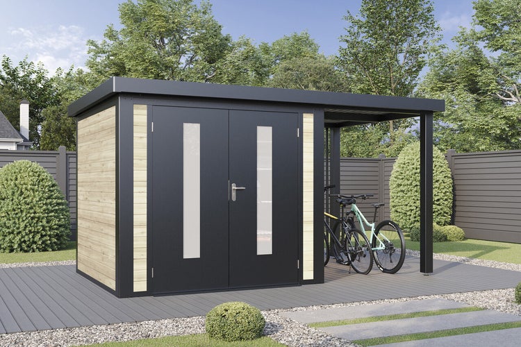 Modernes Gartenhaus mit integriertem Schleppdach und Doppeltür mit Glaseinsätzen im Garten auf einer Terrasse stehend.