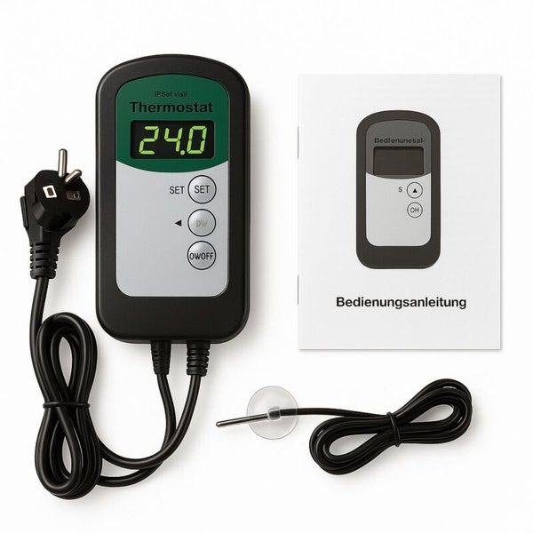 Digitaler Thermostat mit Kabel, Netzstecker, Temperaturfühler inklusive Saugnapf und einer Bedienungsanleitung.