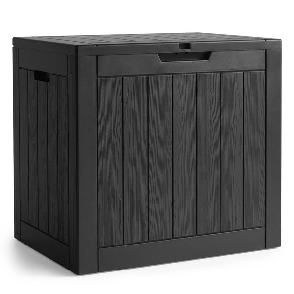 Schwarze Gartenbox aus Kunststoff in Holzoptik mit Deckel für die Aufbewahrung von Kissen oder Werkzeug.