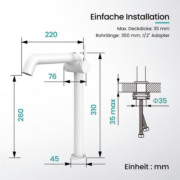 Technische Zeichnung mit Maßangaben einer Waschtischarmatur mit Einhebelmischer für die einfache Installation.
