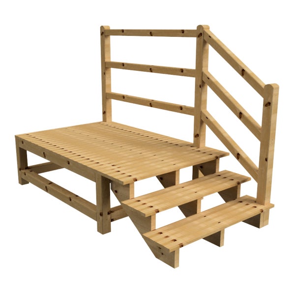 Holzterrasse mit Geländer und Treppe