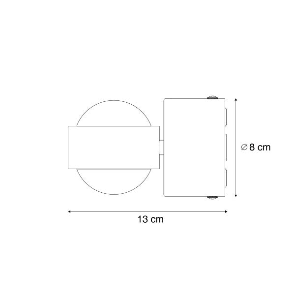 Technische Zeichnung einer Wandleuchte mit den Maßen 13 cm Länge und 8 cm Durchmesser.