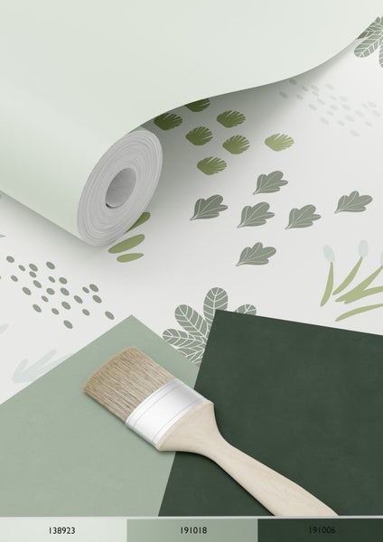 Tapetenrolle mit Pflanzenmuster und Farbpalette sowie einem Pinsel