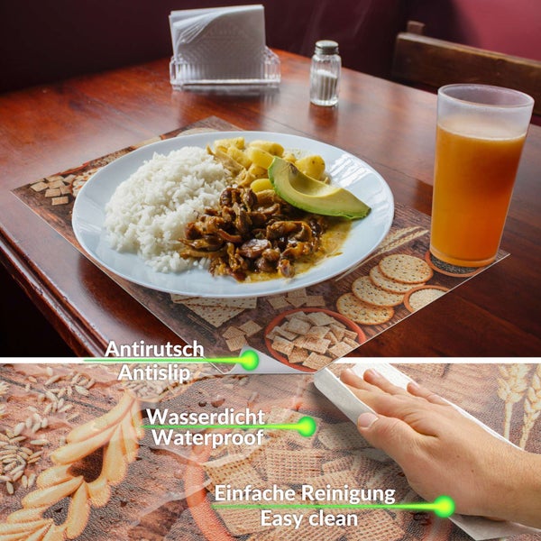 Tischset mit Lebensmittelmotiv auf Holztisch, rutschfest, wasserdicht und leicht zu reinigen durch Abwischen.