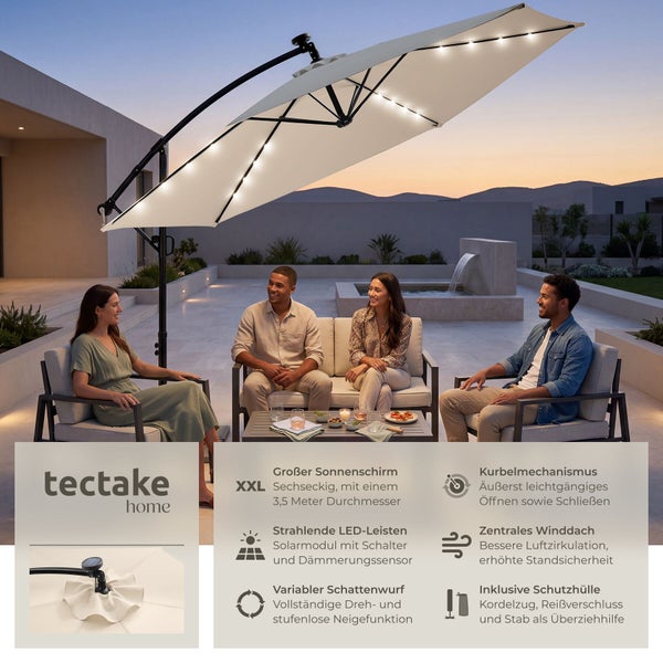 Großer Ampelschirm tectake home mit LED-Leisten, sechsseitig, Durchmesser 3,5 Meter, auf einer modernen Terrasse mit Sitzgruppe am Abend.