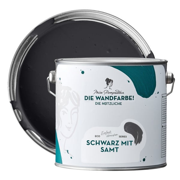 MissPompadour abwaschbare Wandfarbe 2.5L Schwarz mit Samt - hohe Deckkraft und Ergiebigkeit - matte, scheuerbeständige Innenfarbe - geruchsarm, wasserbasiert, atmungsaktiv - Die Nützliche