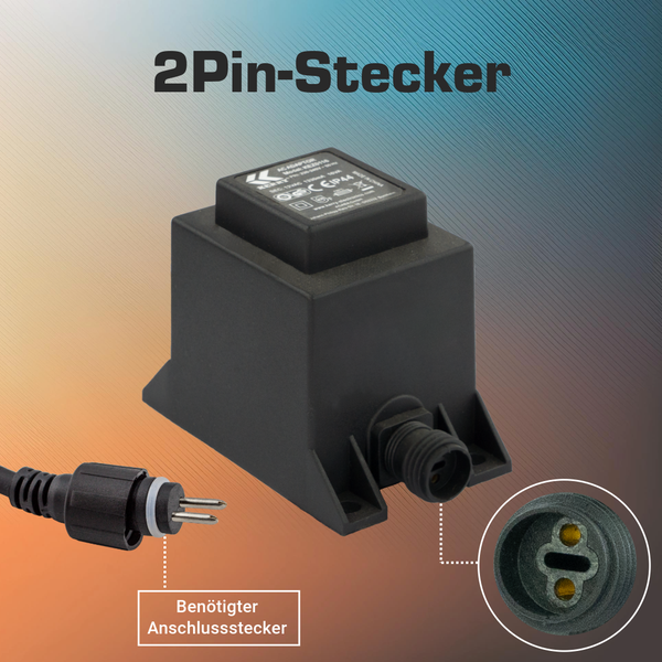 Wechselstrom-Transformator mit zweipoligem Steckanschluss und passendem Anschlussstecker für Außenbeleuchtung.