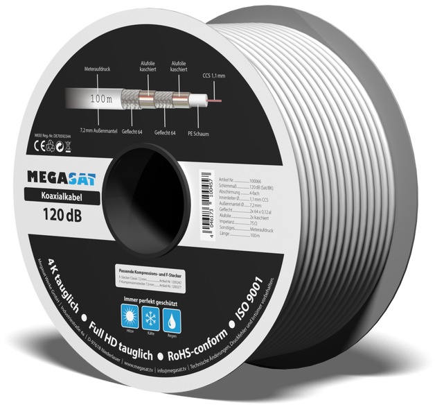 Megasat Koaxialkabel 120 Dezibel, 100 Meter Rolle, 4-fach geschirmt mit Metermarkierung.