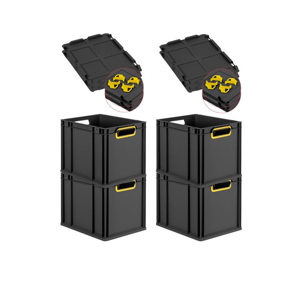PROREGAL SuperSparSet 4x Eurobox NextGen Color mit Auflagedeckel und Schiebeschnappverschlüsse, HxBxT 32x30x40cm, 30 Liter, Schwarz, Griffe gelb offen, Eurobehälter, Transportbox, Transportbehälter, Stapelbehälter
