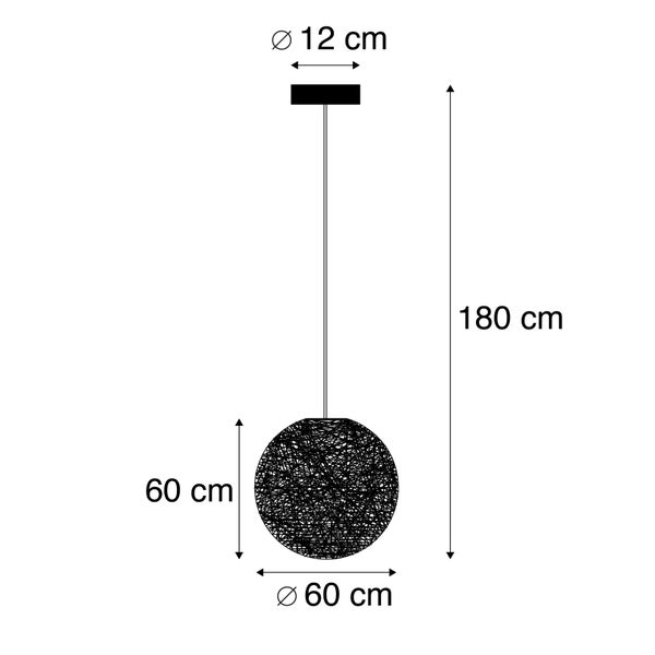 Skizze einer runden Pendelleuchte: Gesamthöhe 180 Zentimeter, Schirmdurchmesser 60 Zentimeter, Baldachindurchmesser 12 Zentimeter.