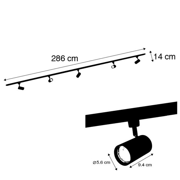 Maßzeichnung eines Schienensystems mit sechs Strahlern. Gesamtlänge 286 Zentimeter, Höhe 14 Zentimeter. Strahlermaße: Durchmesser 5,6 Zentimeter, Länge 9,4 Zentimeter.