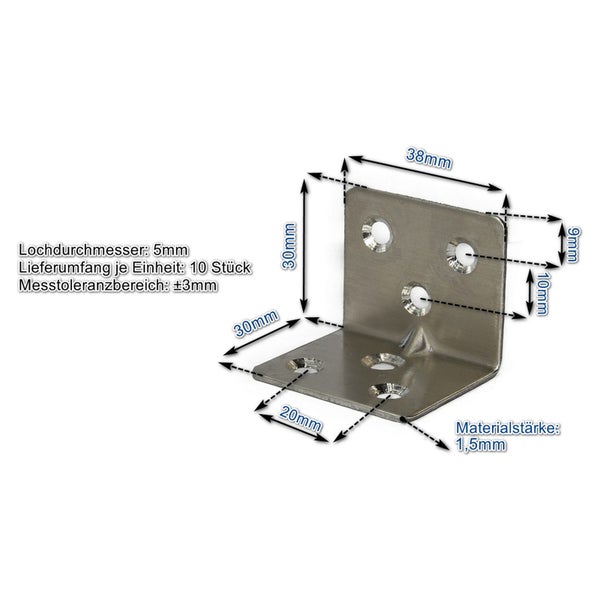 Winkelverbinder aus Metall mit Maßangaben 38 mal 30 mal 20 Millimeter und 1,5 Millimeter Materialstärke im Zehnerpack.