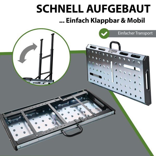 Klappbarer Arbeitstisch aus Metall mit Tragegriff für einfachen Transport und platzsparende Lagerung