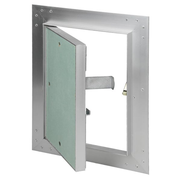 Revisionsklappe aus Aluminium mit grüner Gipskarton-Einlage für den Trockenbau, geöffnet.