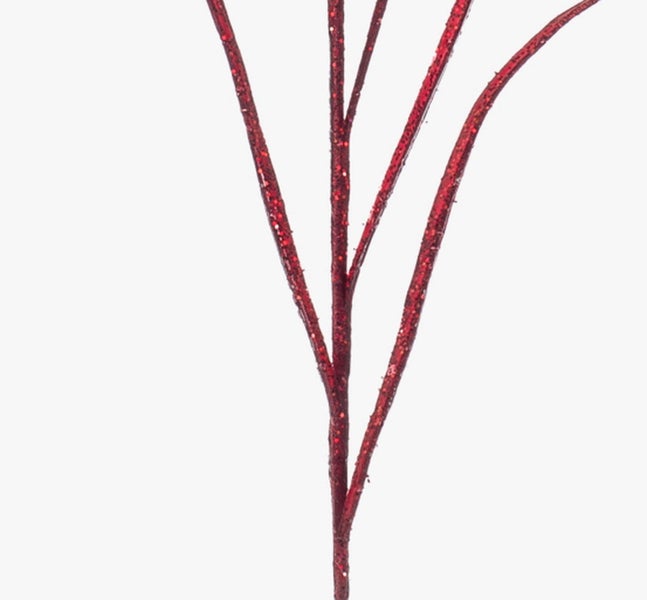 Künstlicher roter Deko-Grashalm mit Glitzer, eine Rispe und schmale Blätter.