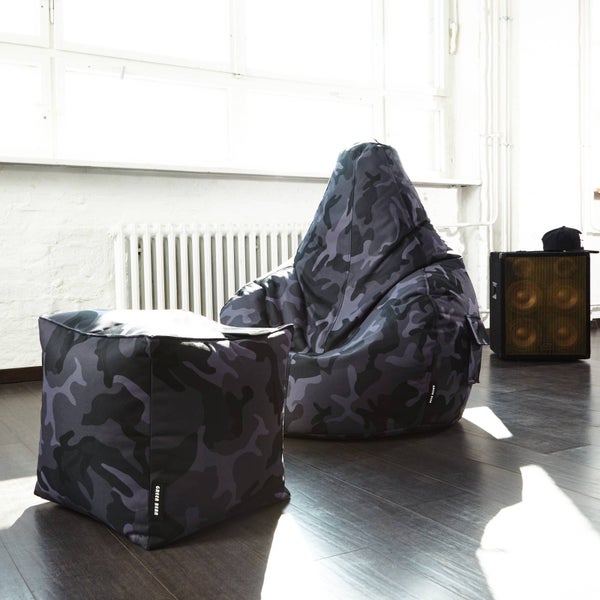 Green Bean Sitzsack-Hocker 40x40x40cm mit EPS-Perlen Füllung - Fußhocker Fußkissen Sitz-Pouf für Sitzsäcke - Bodenkissen für Kinder und Erwachsene - Fußablage Sitzkissen Sitzhocker Camouflage Schwarz