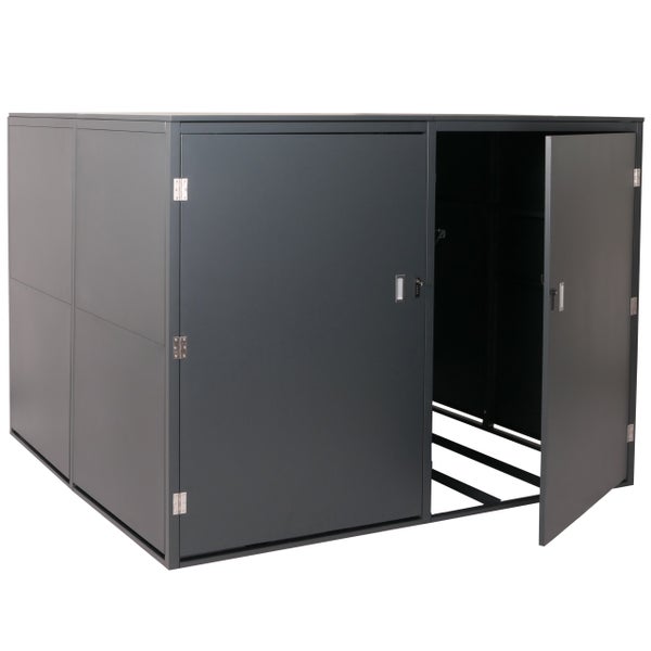 Fahrradbox aus Metall mit geöffneten Türen