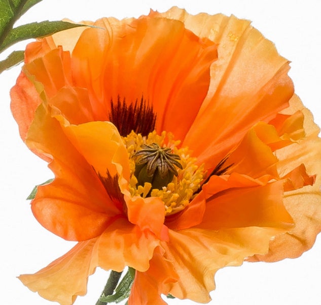 Künstliche Mohnblume in Orange mit detailgetreuen Blütenblättern und dunkler Mitte.