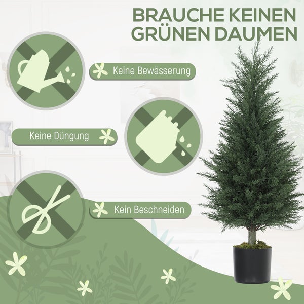 Künstlicher Nadelbaum im Topf mit Symbolen für: Keine Bewässerung, keine Düngung und kein Beschneiden erforderlich.