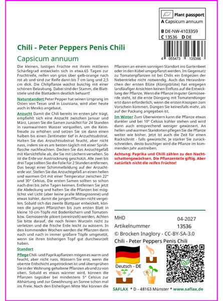 SAFLAX Garden in the bag - Chili - Peter Peppers Penis Chili - Capsicum annuum - 10 Samen - Mit Anzuchtsubstrat im praktischen, selbst aufstellenden Beutel