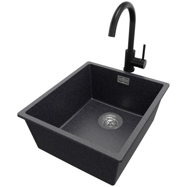 PRIMAGRAN Unterbauspüle Granit Anthrazit 41x47cm, Spülbecken 1 Becken + Küchenarmatur 32x20cm + Ablauf-Set, Granitspüle ab 45er Unterschrank - London