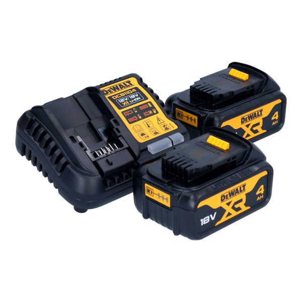 DeWalt Akku-Starter-Set mit Ladegerät DCB1104 und zwei 18 Volt XR Lithium-Ionen-Akkus mit 4 Amperestunden.