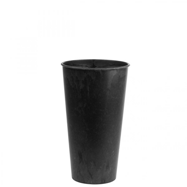 Hoher schwarzer Pflanztopf aus Kunststoff mit strukturierter Oberfläche.
