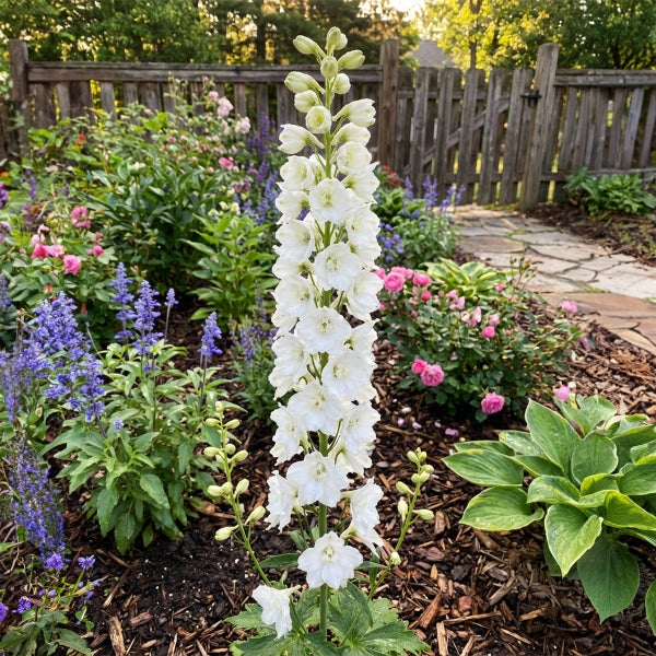Weißer Rittersporn in einem blühenden Gartenbeet mit Mulch, Rosen und einem Holzzaun im Hintergrund.
