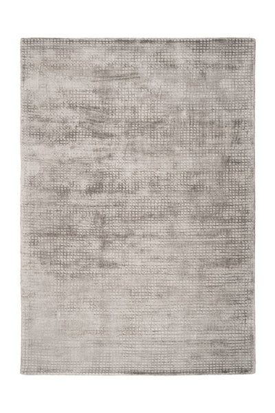 Rechteckiger Teppich mit gitterartigem Muster und Vintage-Optik in Grautönen.