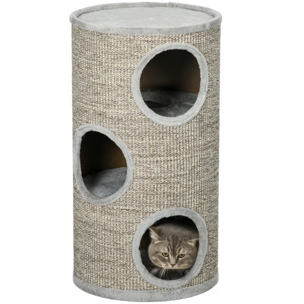 PawHut Kratztonne, Höhe 70 cm, Spieltonne für Katzen, 3 Ebenen, Katzenkratzbaum mit 3 Höhlen, Katzenbaum, Kratzturm aus Sisal, Katzenmöbel, Plüsch, Grau