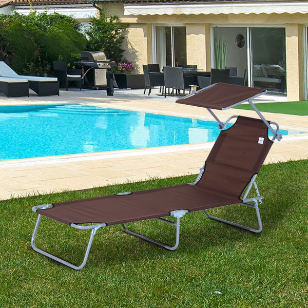Outsunny Sonnenliege, klappbar, mit Sonnenschutz, 187 x 58 x 36 cm, Metall, Oxford-Gewebe, Braun