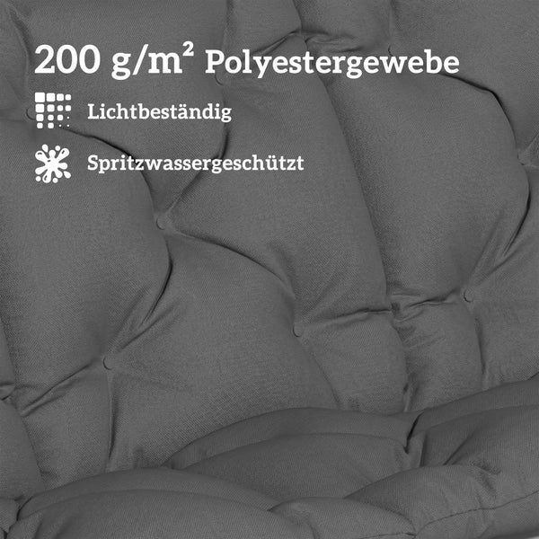 Sitzkissen aus 200 Gramm pro Quadratmeter Polyestergewebe, lichtbeständig und spritzwassergeschützt.