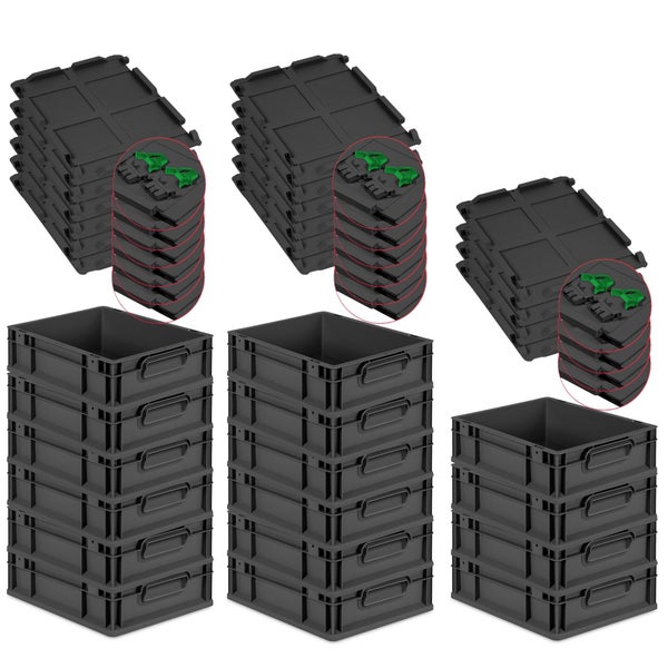 PROREGAL SuperSparSet 16x Eurobox NextGen Grip mit Scharnierdeckel und grünen Schiebeschnappverschlüssen, HxBxT 12x30x40cm, 11 Liter, Schwarz, Griffe geschlossen, Eurobehälter, Transportbox, Transportbehälter, Stapelbehälter