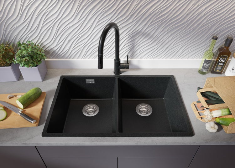 PRIMAGRAN Spülbecken Anthrazit 76x47cm, Granitspüle 2 Becken + Ablauf-Set, Küchenspüle ab 80er Unterschrank - London Slim Twin