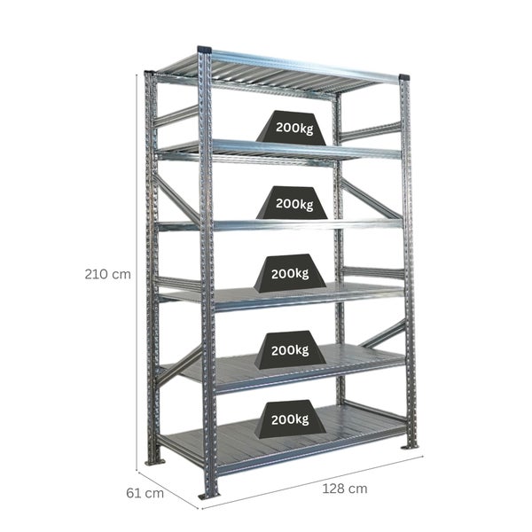 Metallregal mit fünf Böden und einer maximalen Belastbarkeit von 200 Kilogramm pro Boden, Abmessungen 210 x 128 x 61 Zentimeter