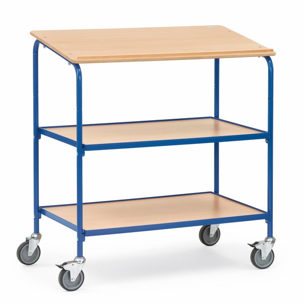 Rollwagen mit drei Holzablagen und blauem Metallgestell