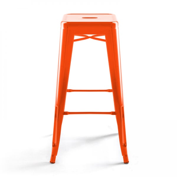 Barhocker aus Metall in Orange mit Fußstütze im Industriedesign.