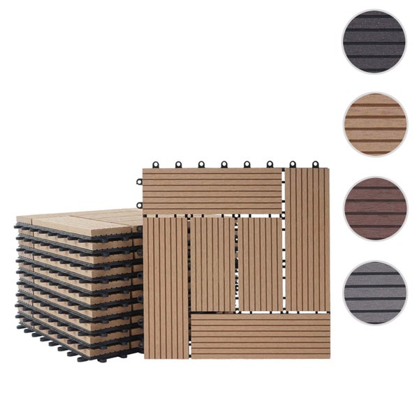 Stapel quadratische WPC-Klickfliesen für Terrasse und Balkon mit gerillter Oberfläche und Klicksystem.