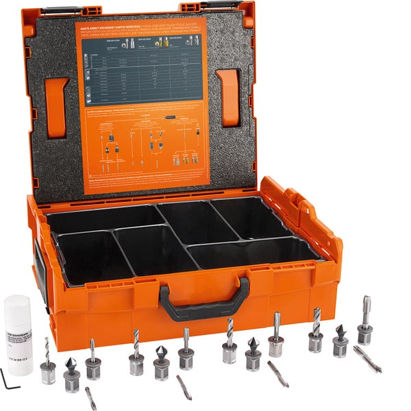 Fein Kernbohrer Set in orangefarbenem Werkzeugkoffer mit verschiedenen Bohrern, Schneidpaste und Inbusschlüssel