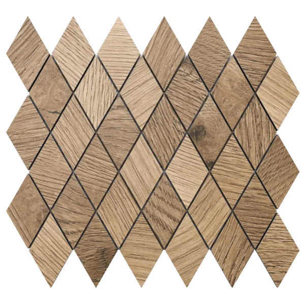 Mosaikfliese in Holzoptik mit Rautenmuster aus Feinsteinzeug.