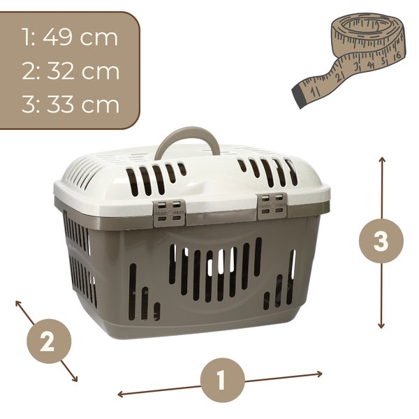 Transportbox für Haustiere mit Abmessungen: Länge 49 Zentimeter, Breite 32 Zentimeter, Höhe 33 Zentimeter.