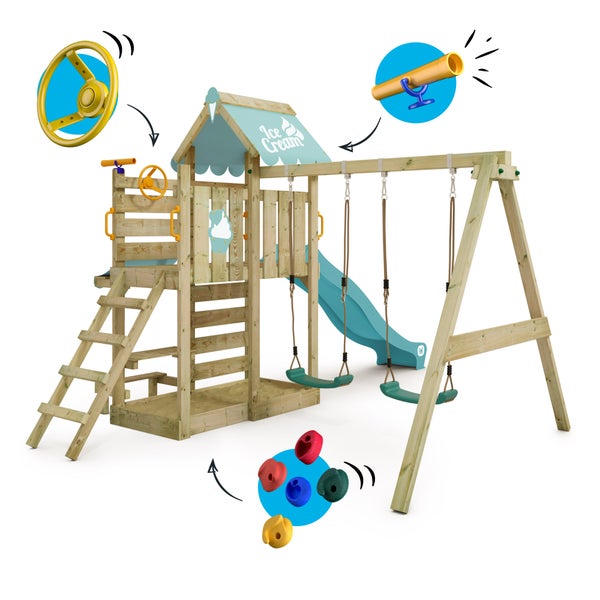 WICKEY Spielturm Klettergerüst VanillaFlyer mit Schaukel und Rutsche, Kletterturm mit Sandkasten, Leiter und Spiel-Zubehör – pastellblau