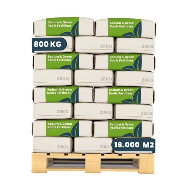 Dünger für Sedum und Gründächer auf Palette, 800 Kilogramm Gesamtgewicht, für 16000 Quadratmeter.