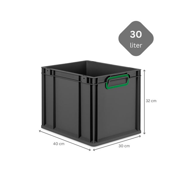 PROREGAL SuperSparSet 5x Eurobox NextGen Color mit Scharnierdeckel und Schiebeschnappverschlüssen, HxBxT 32x30x40cm, 30 Liter, Schwarz, Griffe grün geschlossen, Eurobehälter, Transportbox, Transportbehälter, Stapelbehälter