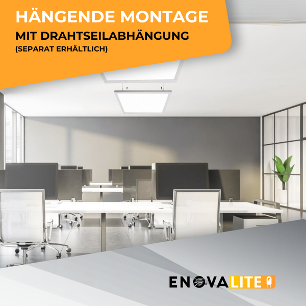 LED Panel Deckenleuchte hängend montiert in einem modernen Büro mit Arbeitsplätzen und Enovalite Logo.