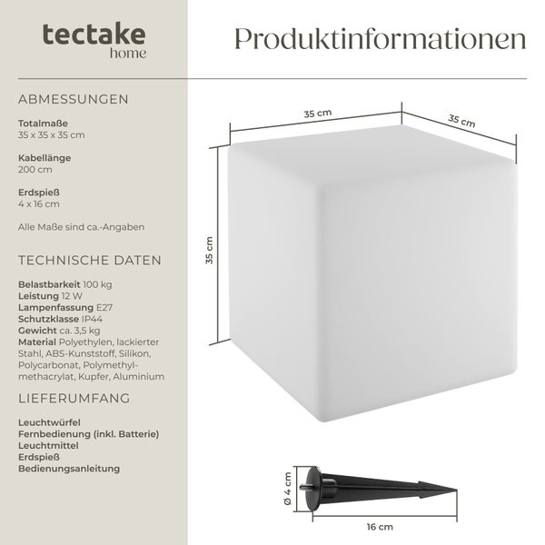 Produktinformationen für einen Tectake Home Leuchtwürfel mit den Maßen 35 mal 35 mal 35 Zentimeter und einem Erdspieß mit 16 Zentimeter Länge.